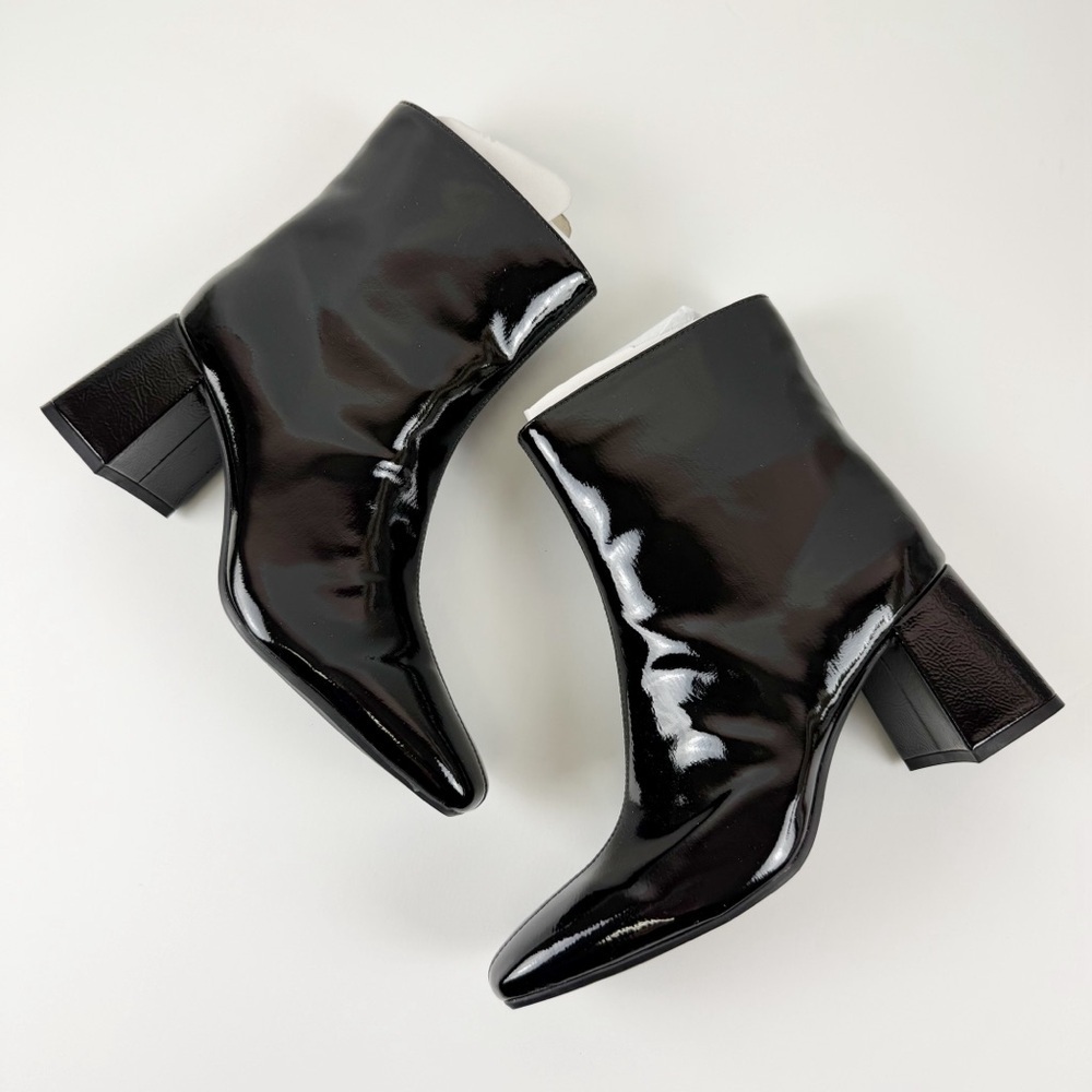 On 34th Margoe Square-Toe Booties Womens 7.5M Black Crinkle Patent Heeled NEW